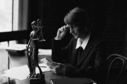 Advogado em um escritório, ao lado de uma estátua da Justiça e de um smartphone, em composição em preto e branco.